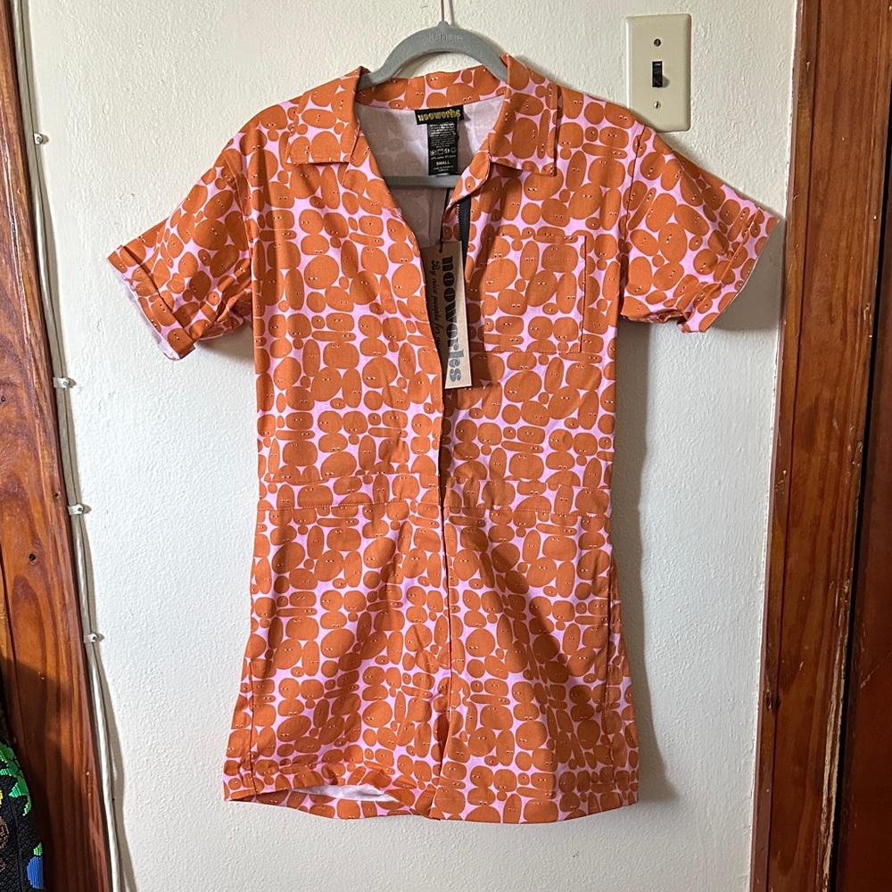 Nooworks Pebble People Orange and Pink Patterned Shortalls NWT